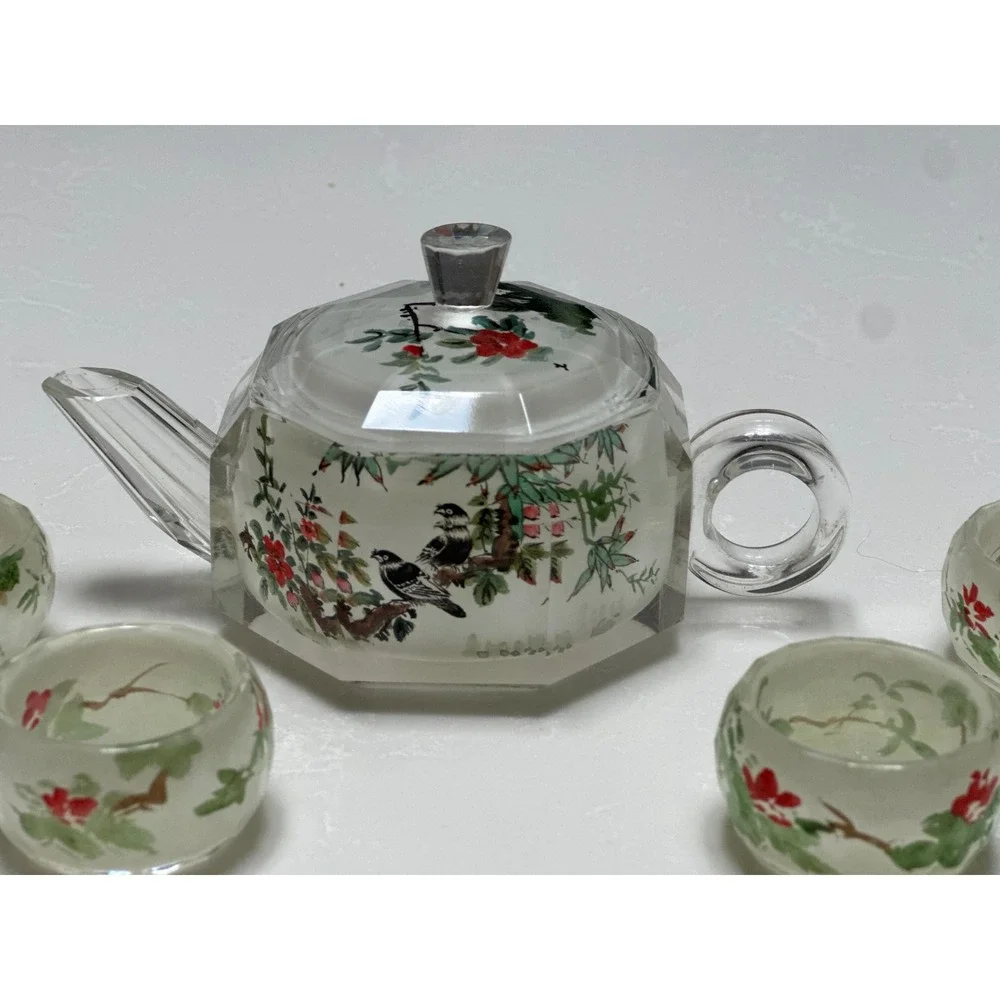 Vintage Cut Glass Miniature Tea Set‎ Teapot 4 Cups Bird Floral Motif Chinoiserie